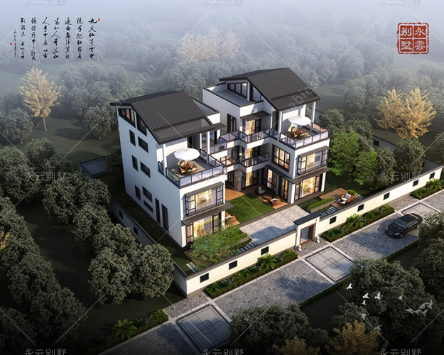 現代新中式/大玻璃全景窗/兄弟雙拼合院式三層別墅案例